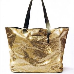 Victoria Secret Gold Glitter Tote Bag NEW